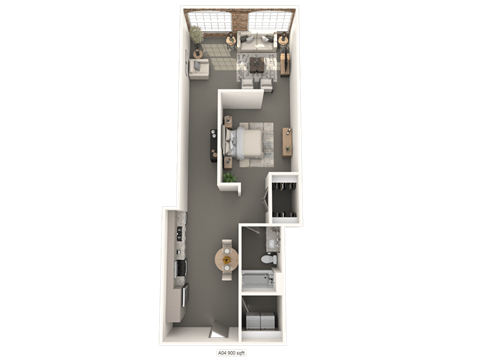 A floor plan of a small apartment with a kitchen, living room, and bathroom.